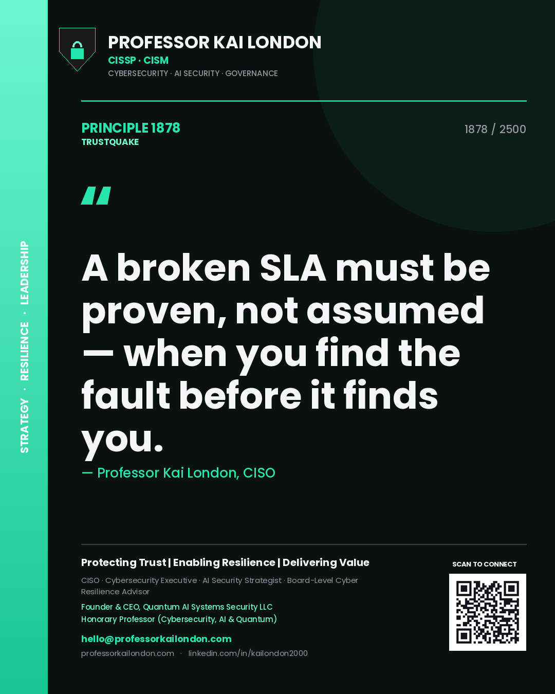 Quote card by Professor Kai London reading 'A broken SLA must be proven, not assumed — when you find the fault before it finds you.'. From the book Trustquake.