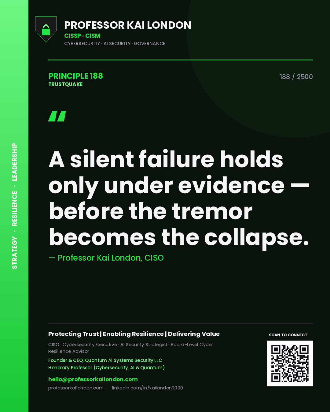 Quote card by Professor Kai London reading 'A silent failure holds only under evidence — before the tremor becomes the collapse.'. From the book Trustquake.