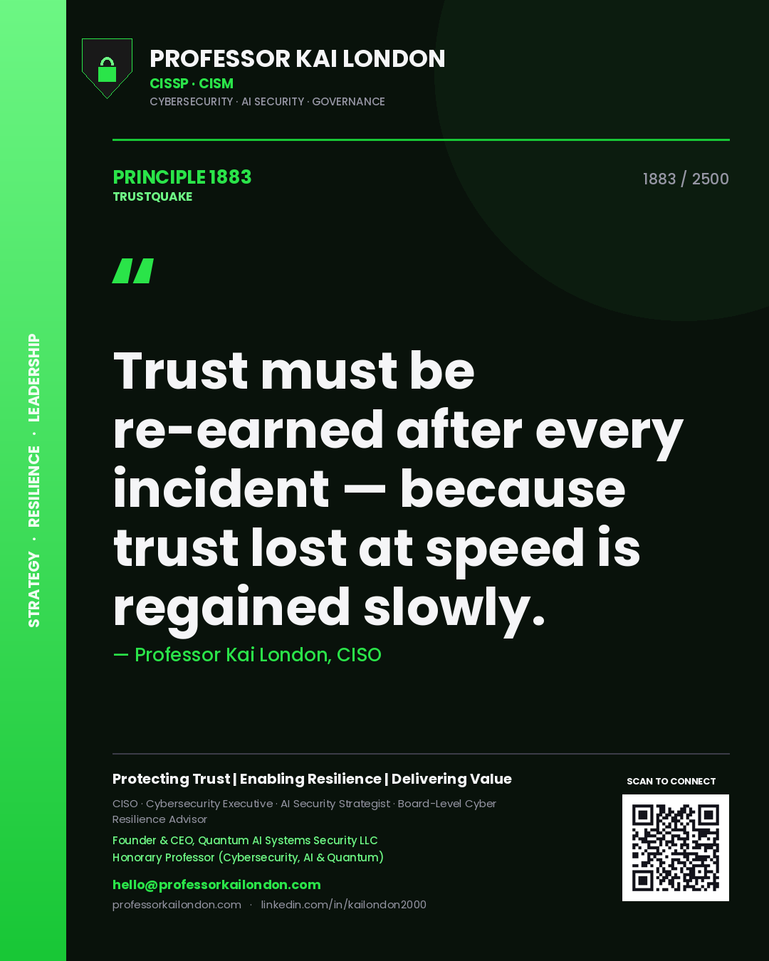 Quote card by Professor Kai London reading 'Trust must be re-earned after every incident — because trust lost at speed is regained slowly.'. From the book Trustquake.
