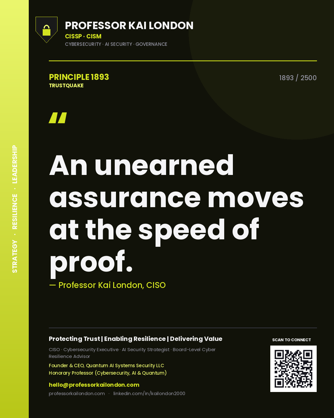 Professor Kai London principle 1893: An unearned assurance moves at the speed of proof.