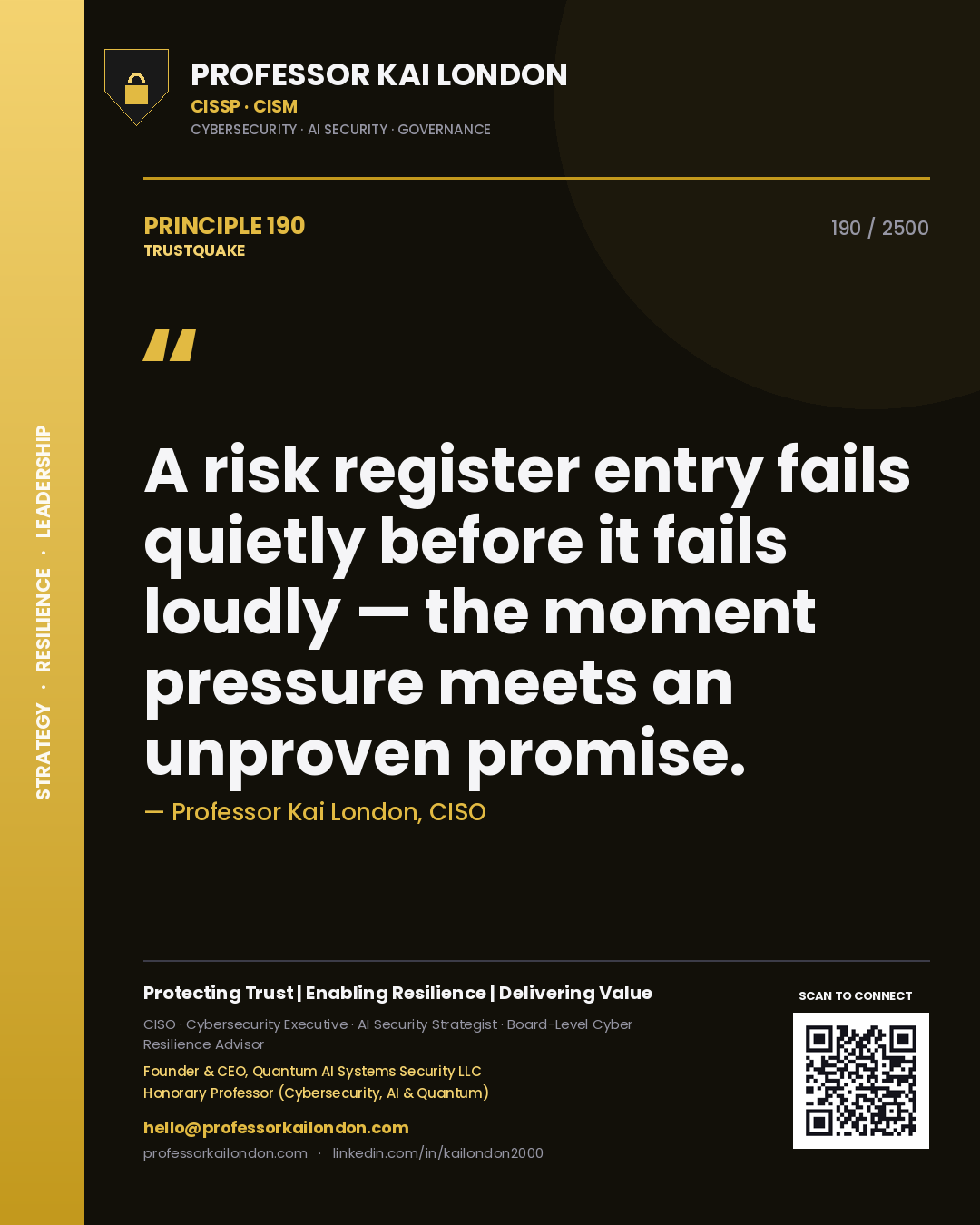 Quote card by Professor Kai London reading 'A risk register entry fails quietly before it fails loudly — the moment pressure meets an unproven promise.'. From the book Trustquake.