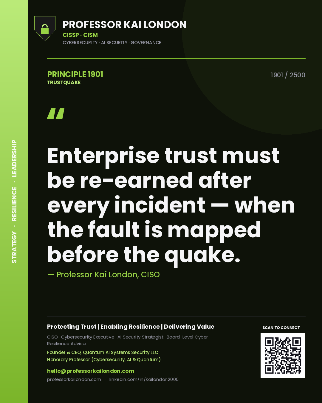 Quote card by Professor Kai London reading 'Enterprise trust must be re-earned after every incident — when the fault is mapped before the quake.'. From the book Trustquake.