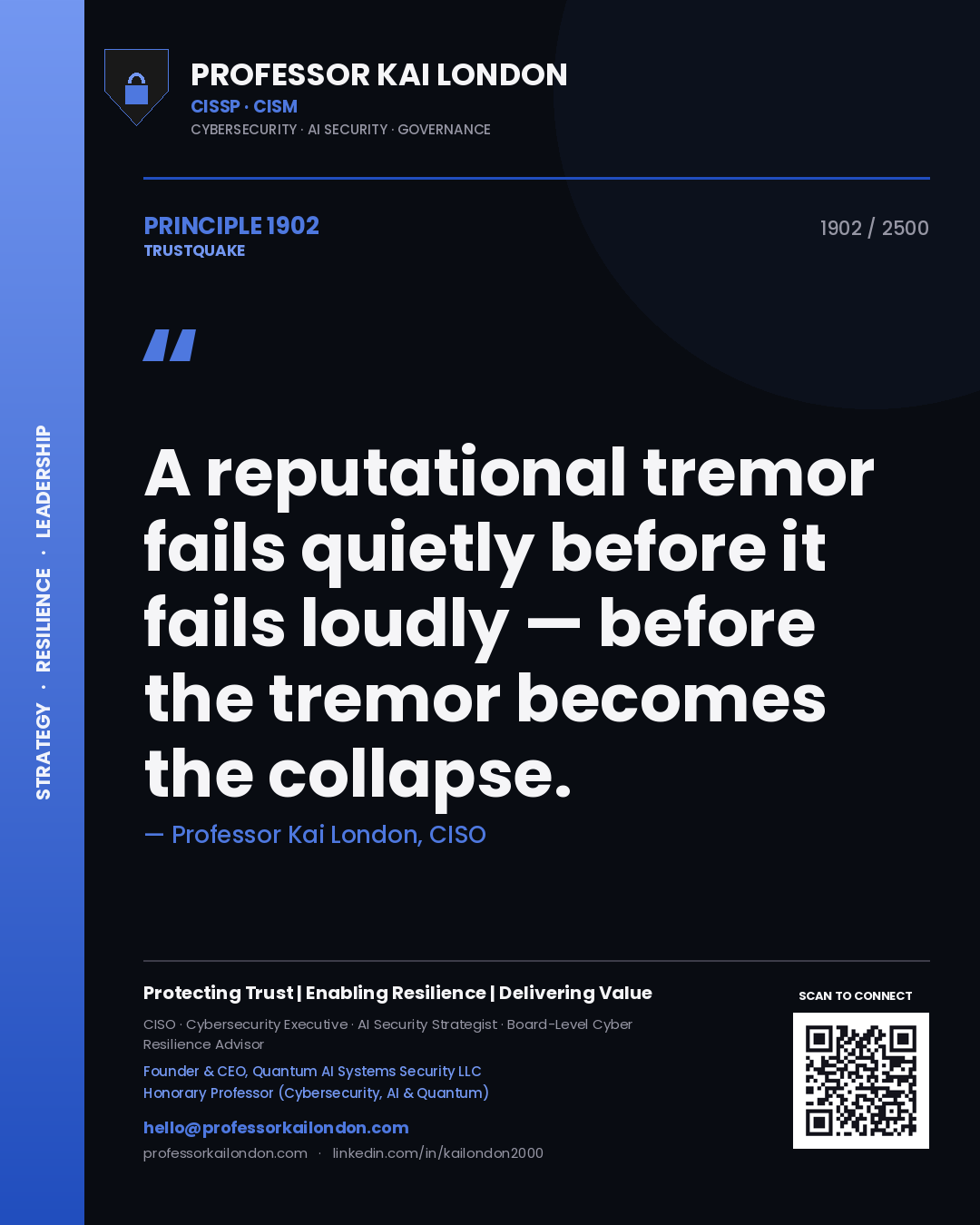 Quote card by Professor Kai London reading 'A reputational tremor fails quietly before it fails loudly — before the tremor becomes the collapse.'. From the book Trustquake.