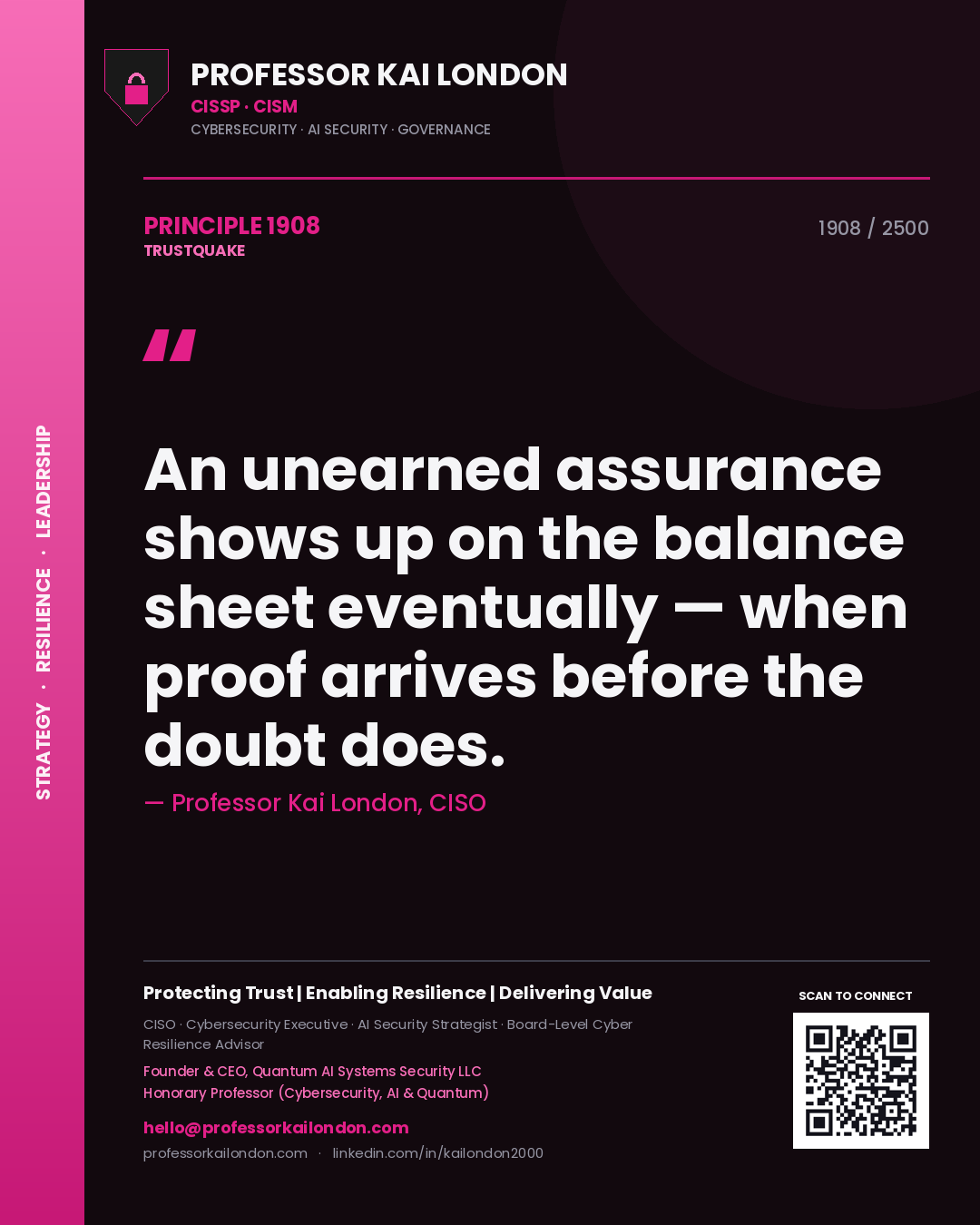 Quote card by Professor Kai London reading 'An unearned assurance shows up on the balance sheet eventually — when proof arrives before the doubt does.'. From the book Trustquake.