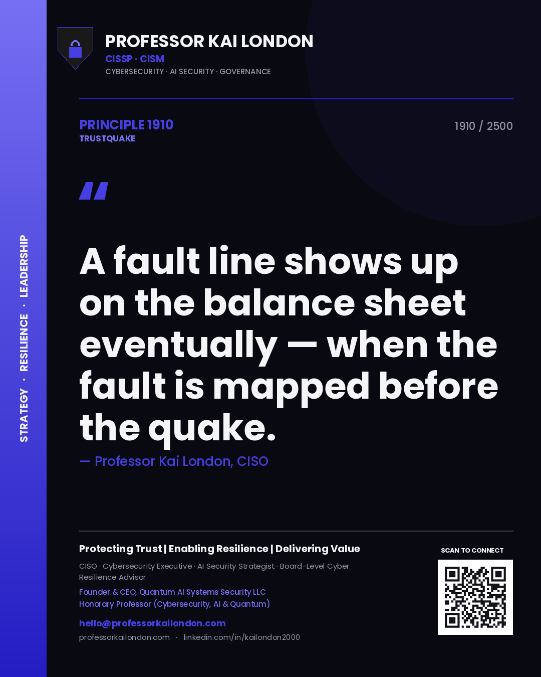 Quote card by Professor Kai London reading 'A fault line shows up on the balance sheet eventually — when the fault is mapped before the quake.'. From the book Trustquake.