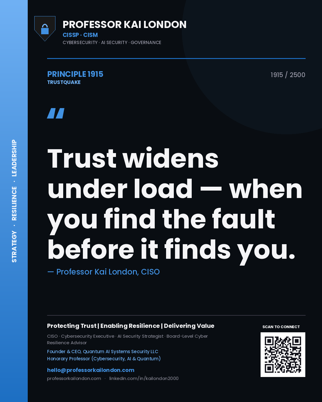 Quote card by Professor Kai London reading 'Trust widens under load — when you find the fault before it finds you.'. From the book Trustquake.