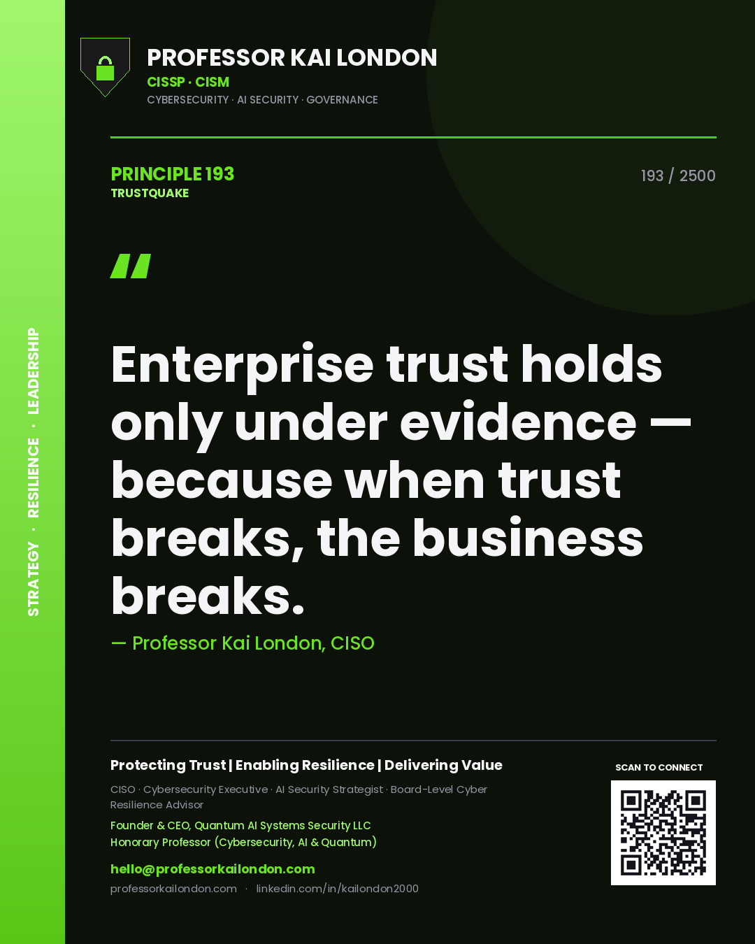 Quote card by Professor Kai London reading 'Enterprise trust holds only under evidence — because when trust breaks, the business breaks.'. From the book Trustquake.