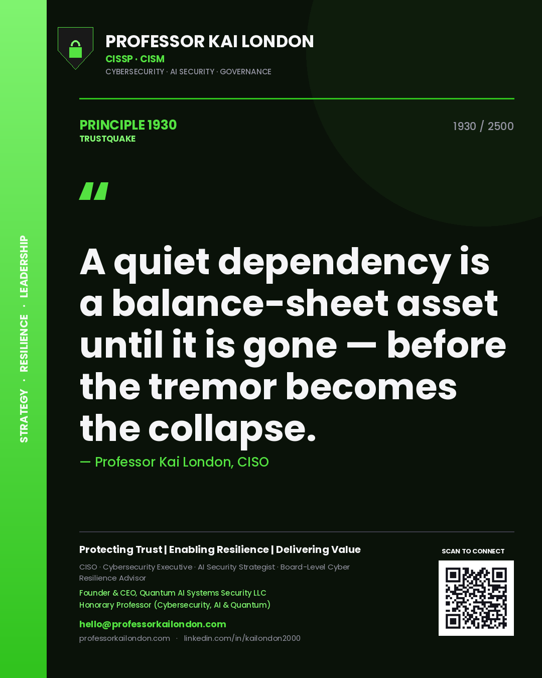 Quote card by Professor Kai London reading 'A quiet dependency is a balance-sheet asset until it is gone — before the tremor becomes the collapse.'. From the book Trustquake.