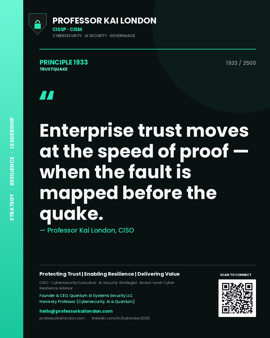 Quote card by Professor Kai London reading 'Enterprise trust moves at the speed of proof — when the fault is mapped before the quake.'. From the book Trustquake.