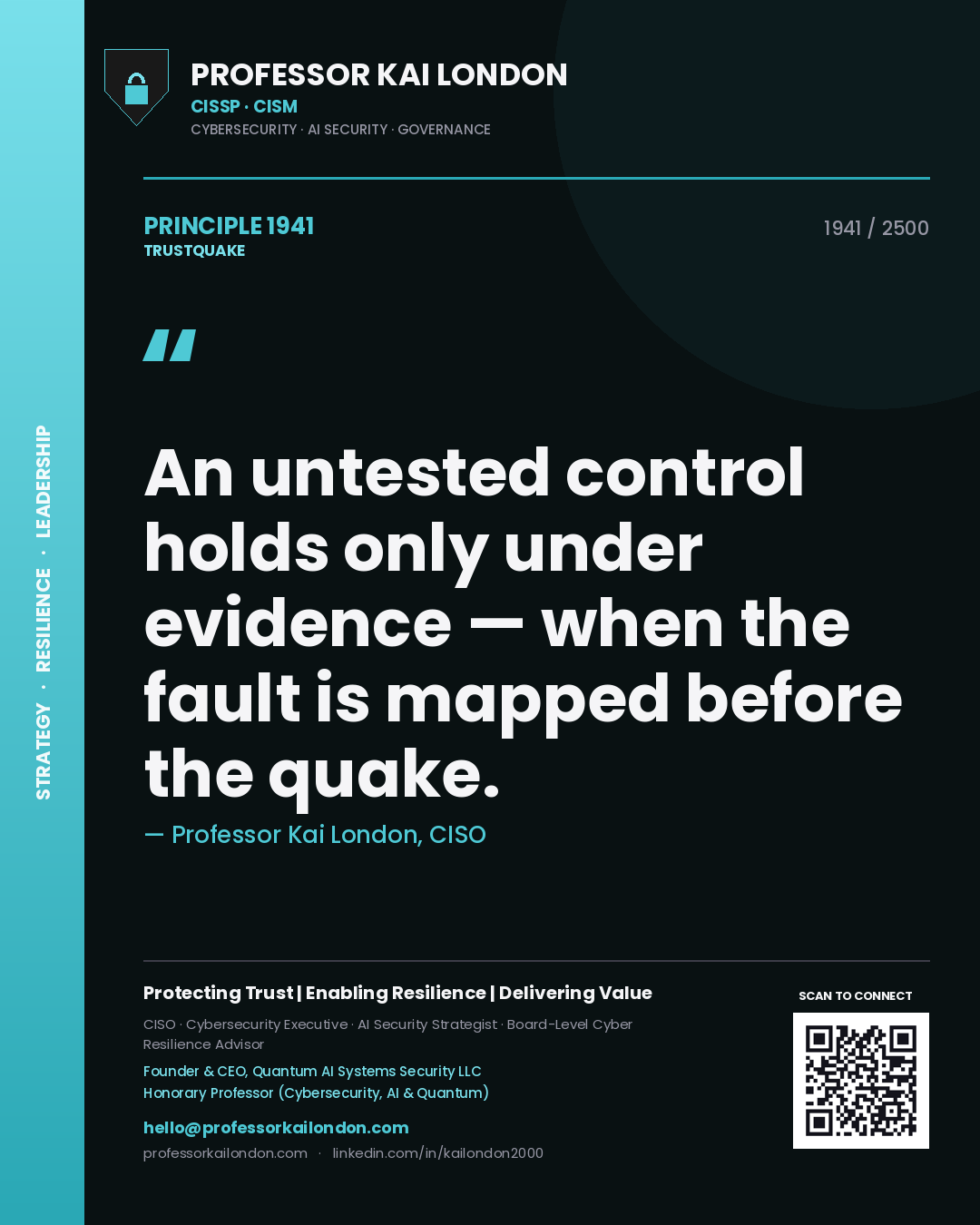 Quote card by Professor Kai London reading 'An untested control holds only under evidence — when the fault is mapped before the quake.'. From the book Trustquake.