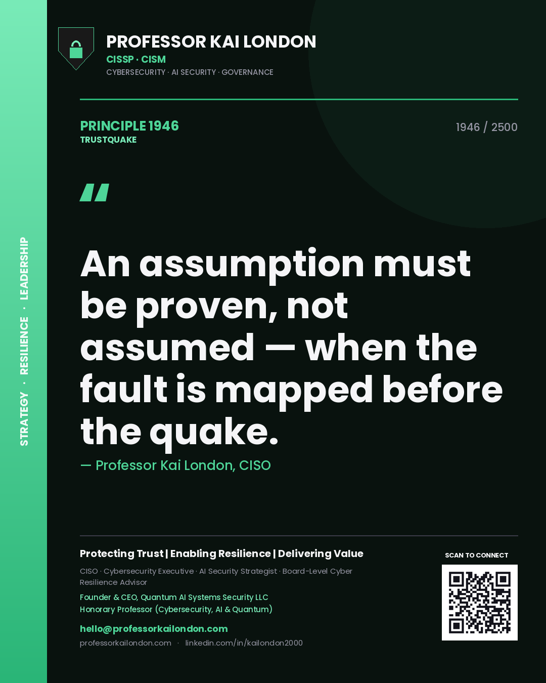 Quote card by Professor Kai London reading 'An assumption must be proven, not assumed — when the fault is mapped before the quake.'. From the book Trustquake.