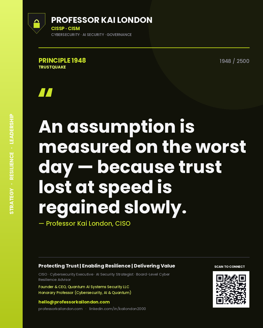 Quote card by Professor Kai London reading 'An assumption is measured on the worst day — because trust lost at speed is regained slowly.'. From the book Trustquake.