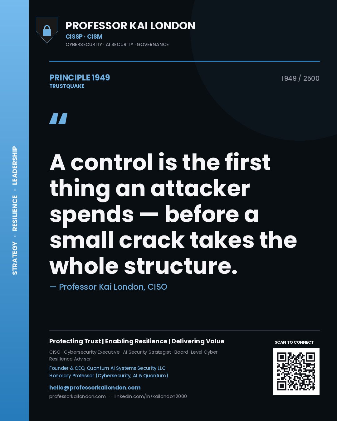 Quote card by Professor Kai London reading 'A control is the first thing an attacker spends — before a small crack takes the whole structure.'. From the book Trustquake.