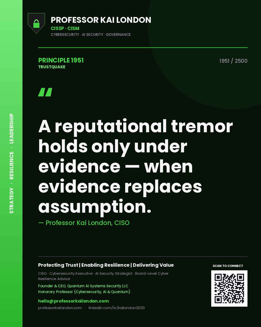 Quote card by Professor Kai London reading 'A reputational tremor holds only under evidence — when evidence replaces assumption.'. From the book Trustquake.