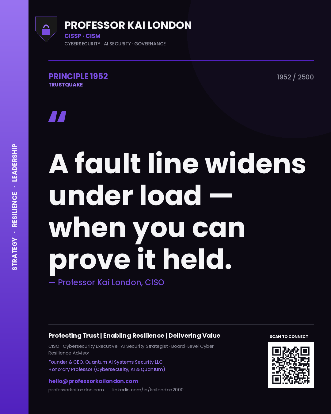 Quote card by Professor Kai London reading 'A fault line widens under load — when you can prove it held.'. From the book Trustquake.