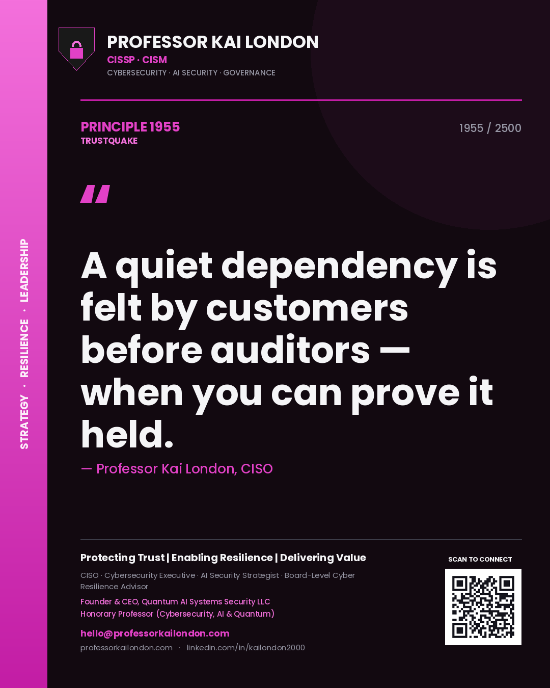 Quote card by Professor Kai London reading 'A quiet dependency is felt by customers before auditors — when you can prove it held.'. From the book Trustquake.
