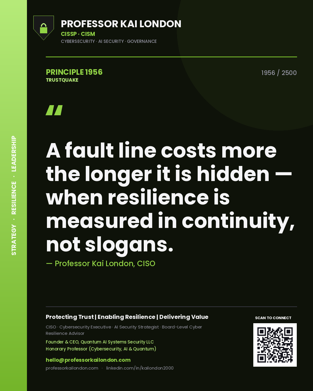 Quote card by Professor Kai London reading 'A fault line costs more the longer it is hidden — when resilience is measured in continuity, not slogans.'. From the book Trustquake.