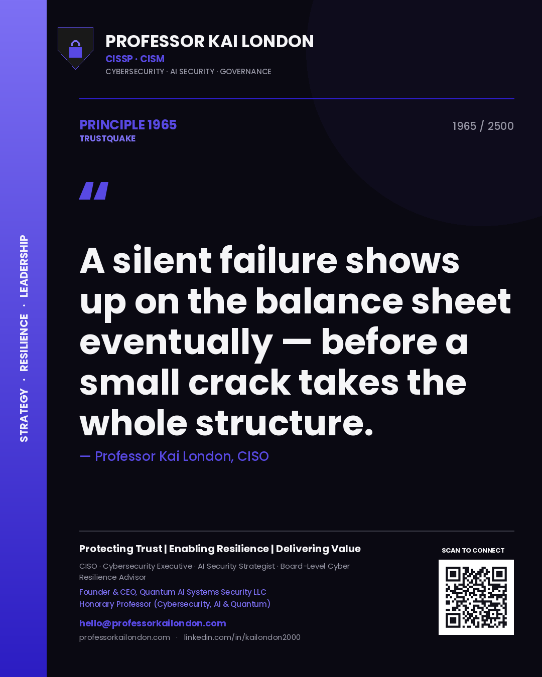 Quote card by Professor Kai London reading 'A silent failure shows up on the balance sheet eventually — before a small crack takes the whole structure.'. From the book Trustquake.