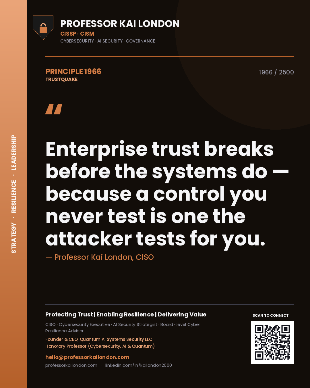 Quote card by Professor Kai London reading 'Enterprise trust breaks before the systems do — because a control you never test is one the attacker tests for you.'. From the book Trustquake.