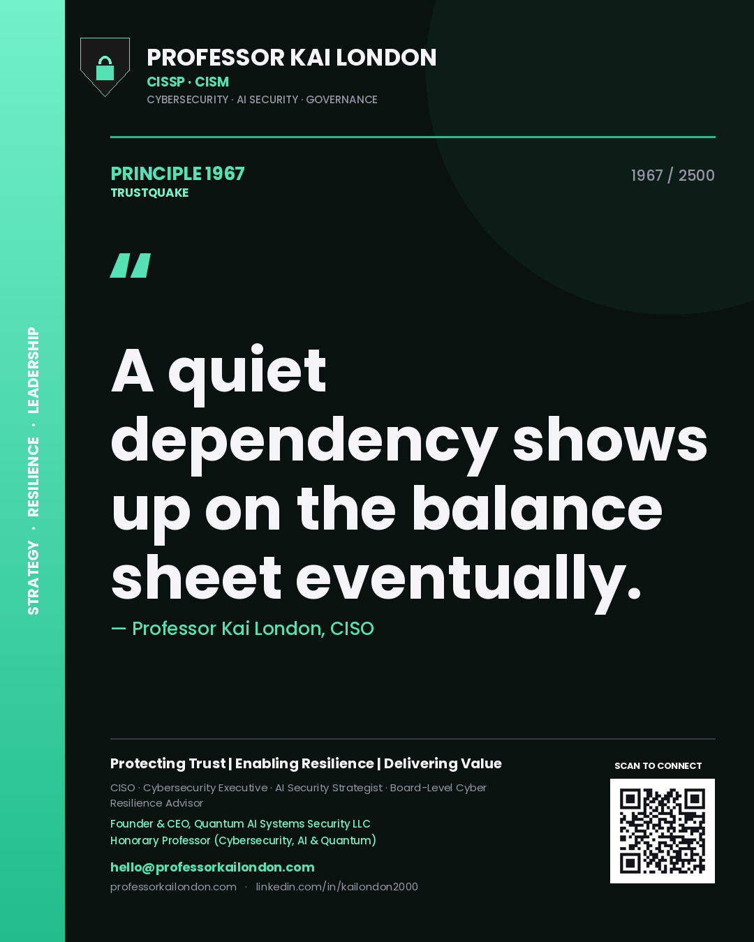 Quote card by Professor Kai London reading 'A quiet dependency shows up on the balance sheet eventually.'. From the book Trustquake.