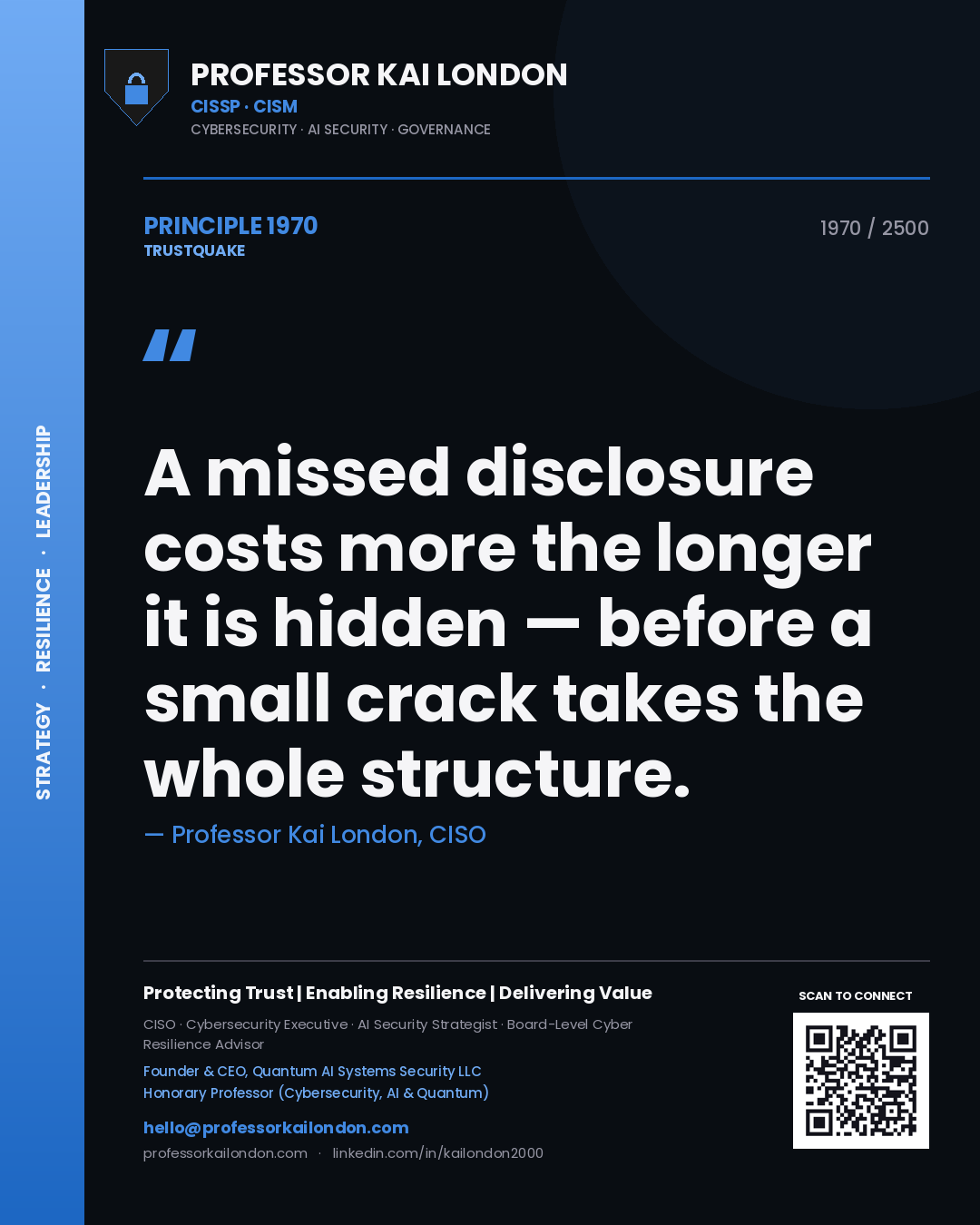 Quote card by Professor Kai London reading 'A missed disclosure costs more the longer it is hidden — before a small crack takes the whole structure.'. From the book Trustquake.