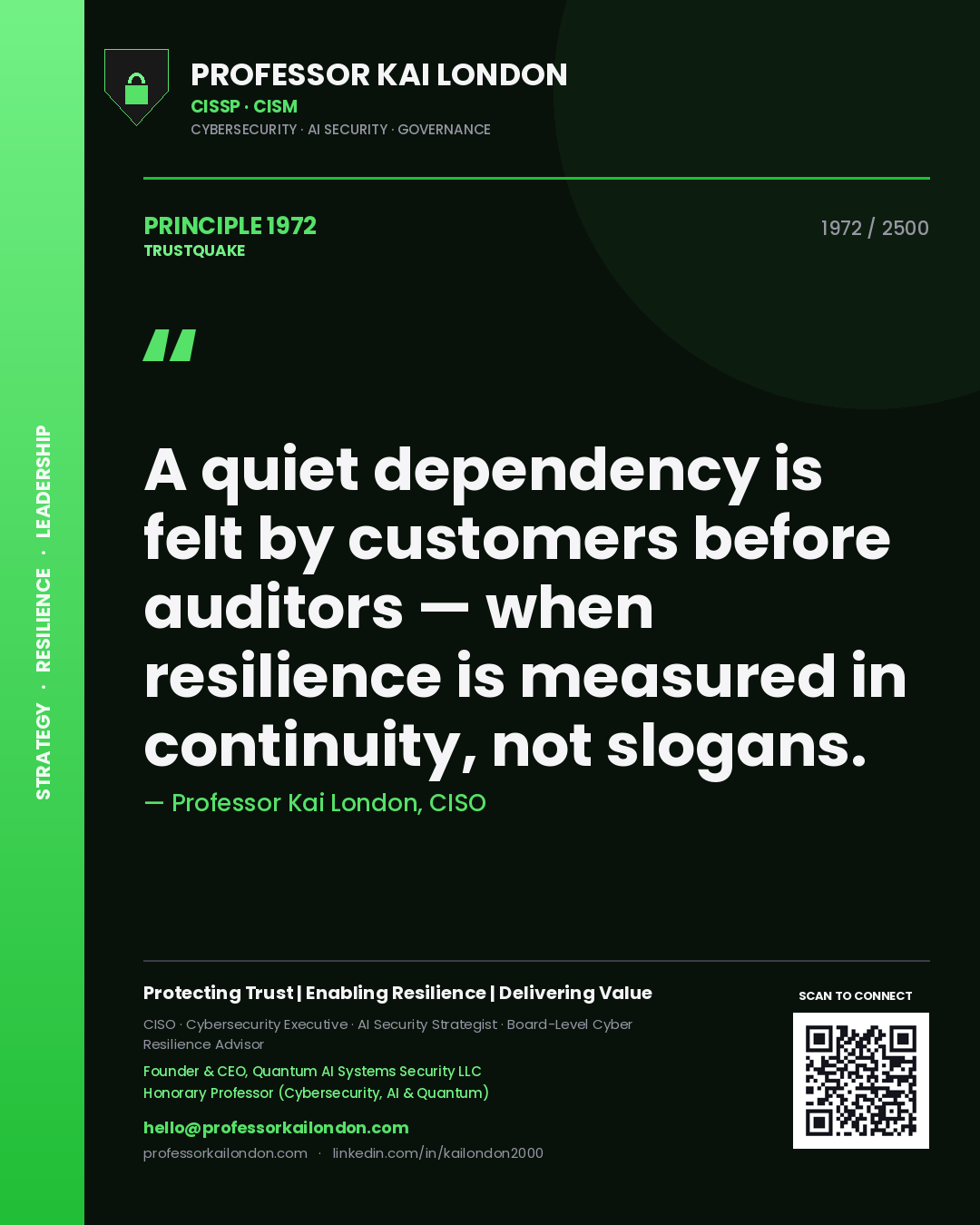 Quote card by Professor Kai London reading 'A quiet dependency is felt by customers before auditors — when resilience is measured in continuity, not slogans.'. From the book Trustquake.