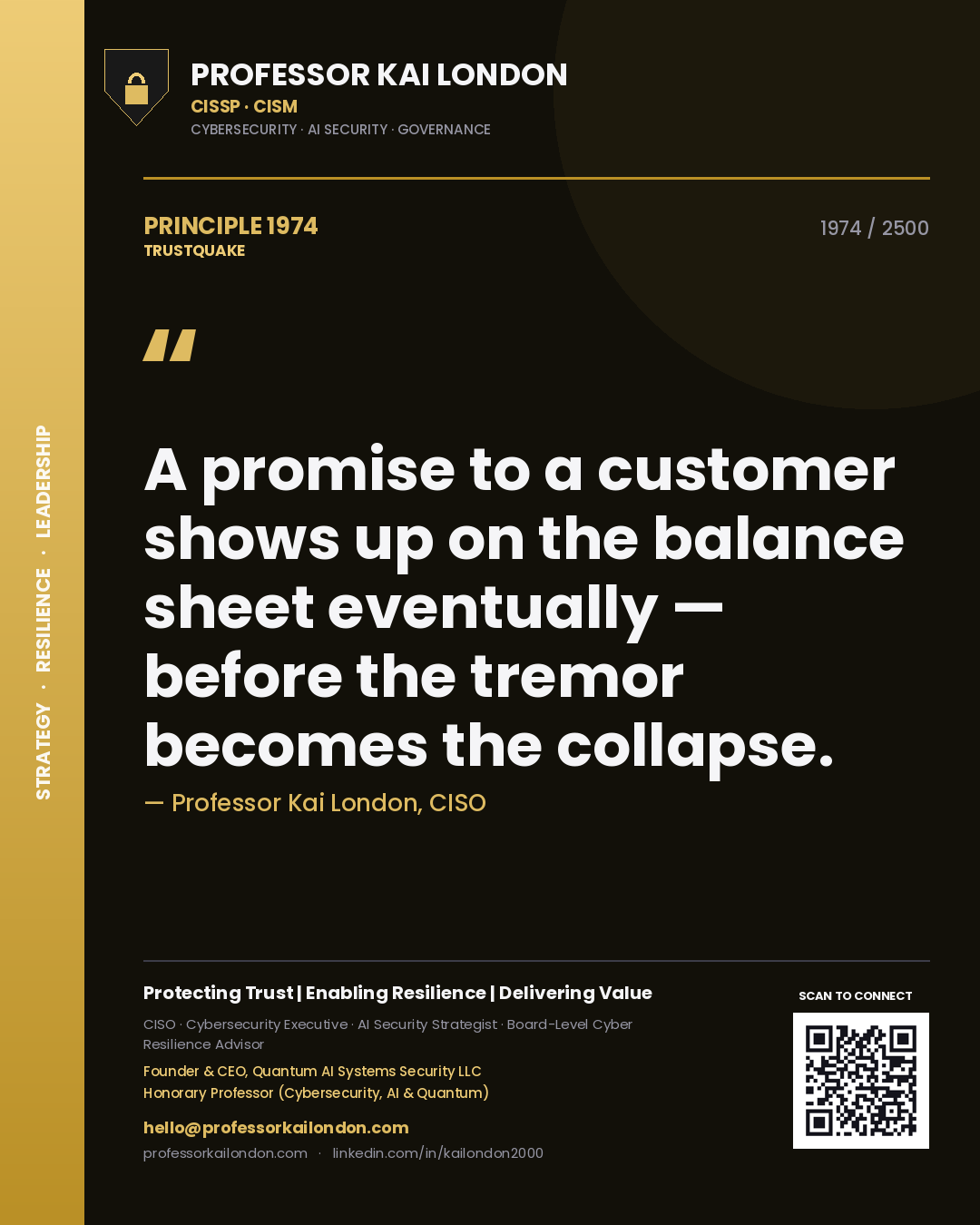 Quote card by Professor Kai London reading 'A promise to a customer shows up on the balance sheet eventually — before the tremor becomes the collapse.'. From the book Trustquake.