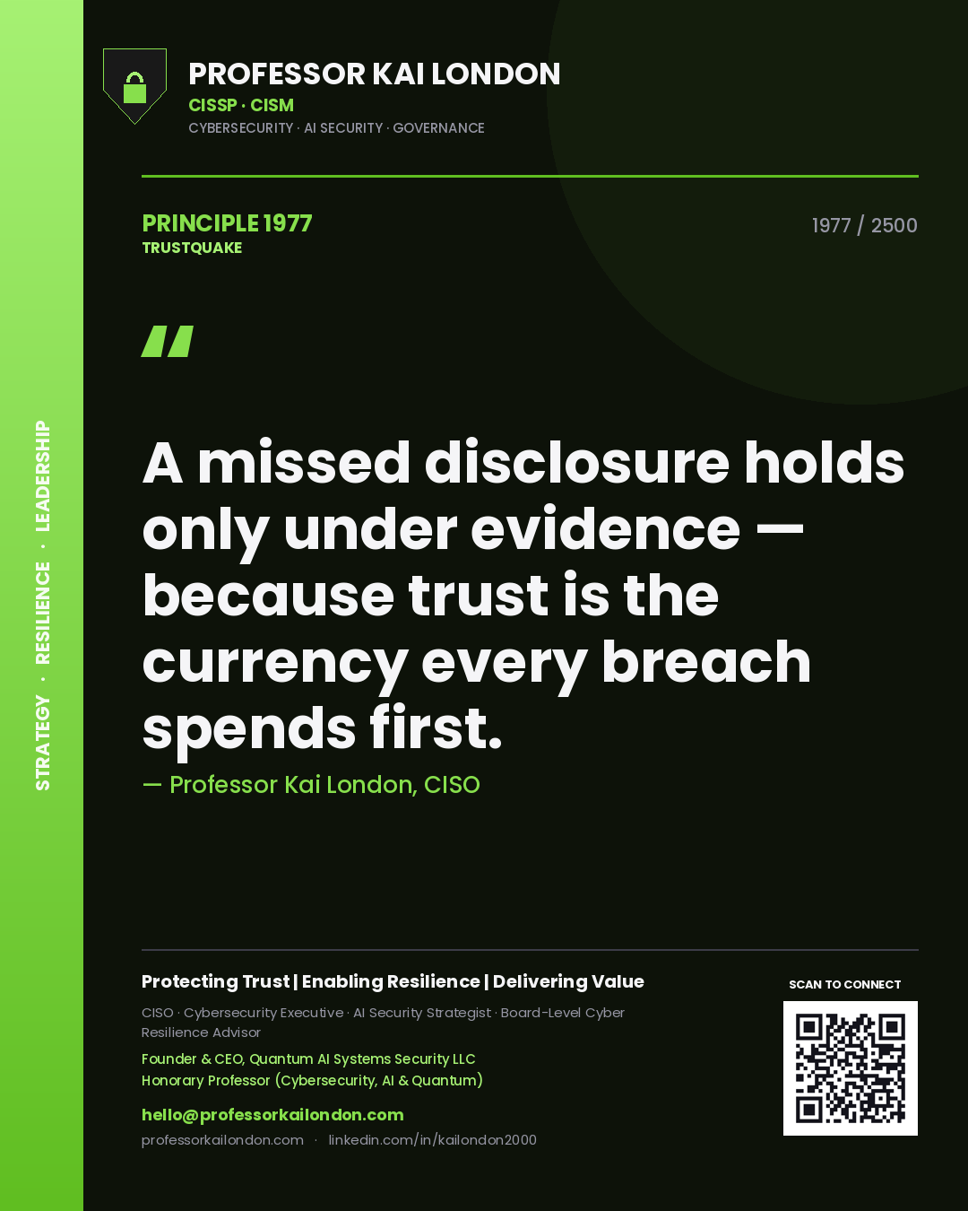 Quote card by Professor Kai London reading 'A missed disclosure holds only under evidence — because trust is the currency every breach spends first.'. From the book Trustquake.