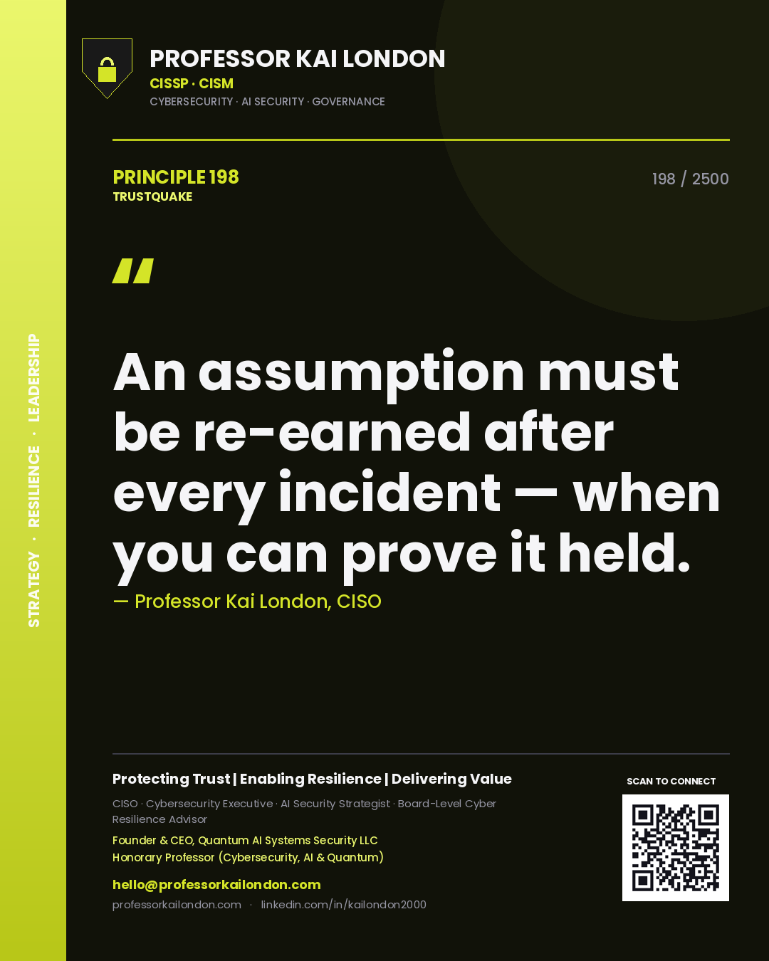 Quote card by Professor Kai London reading 'An assumption must be re-earned after every incident — when you can prove it held.'. From the book Trustquake.