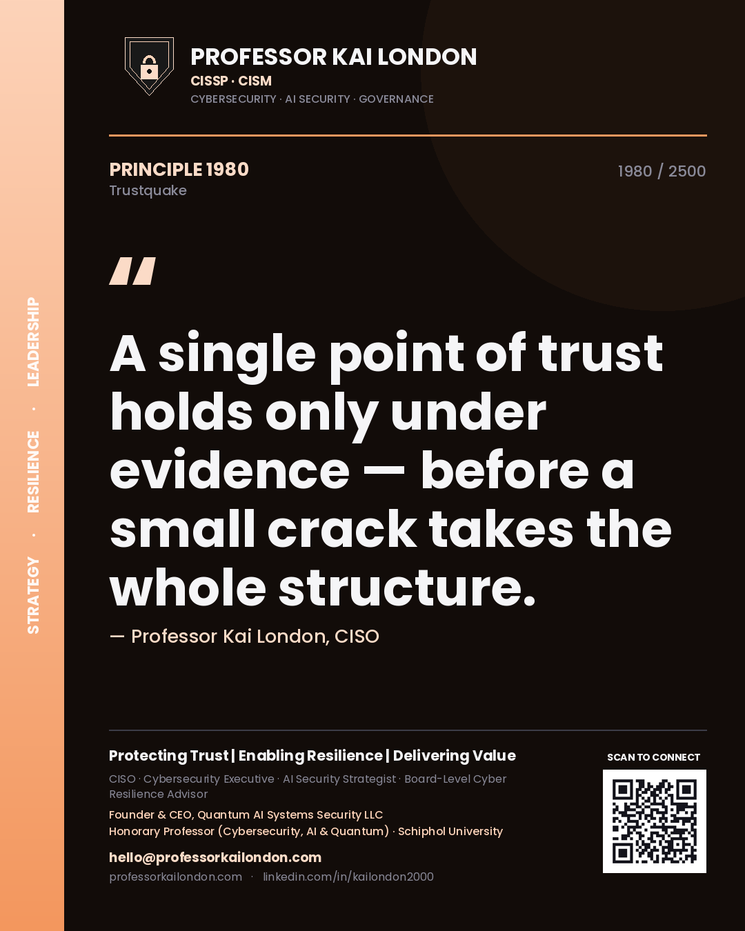 Quote card by Professor Kai London reading 'A single point of trust holds only under evidence — before a small crack takes the whole structure.'. From the book Trustquake.