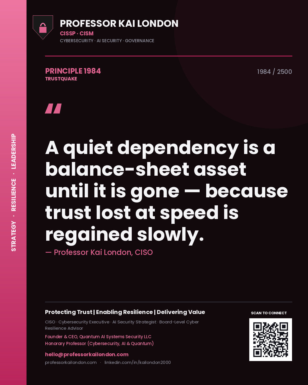 Quote card by Professor Kai London reading 'A quiet dependency is a balance-sheet asset until it is gone — because trust lost at speed is regained slowly.'. From the book Trustquake.