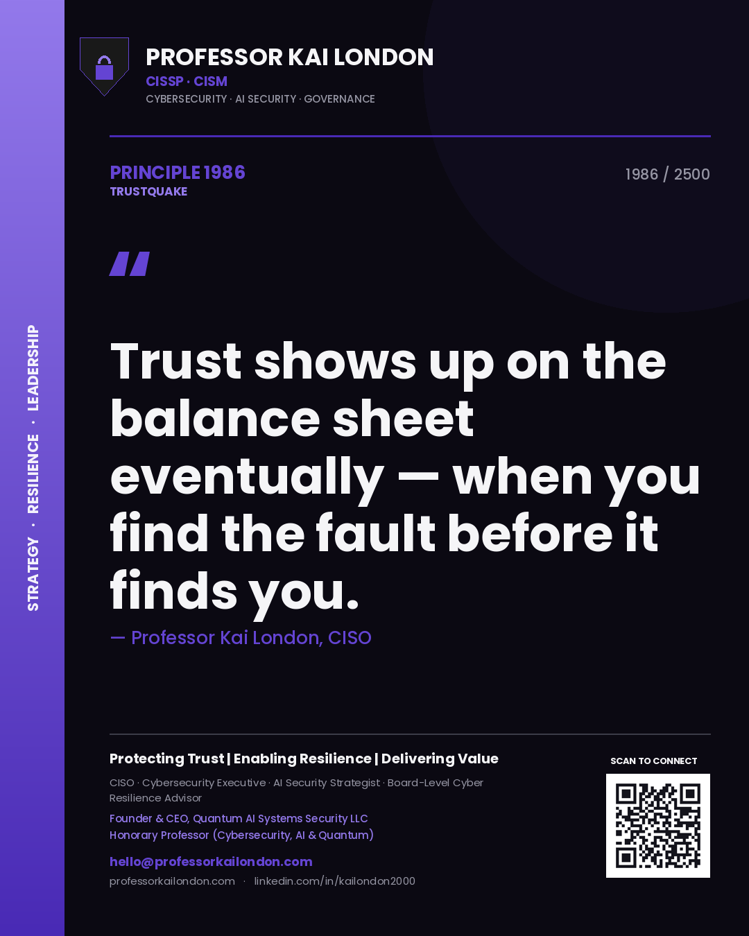 Quote card by Professor Kai London reading 'Trust shows up on the balance sheet eventually — when you find the fault before it finds you.'. From the book Trustquake.