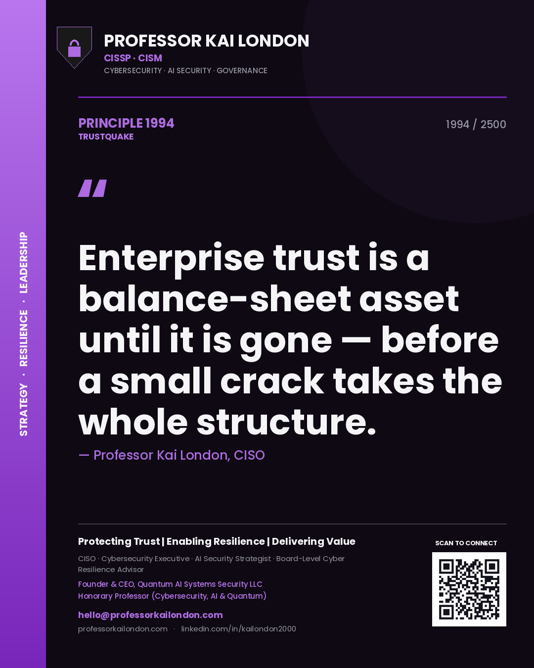 Quote card by Professor Kai London reading 'Enterprise trust is a balance-sheet asset until it is gone — before a small crack takes the whole structure.'. From the book Trustquake.