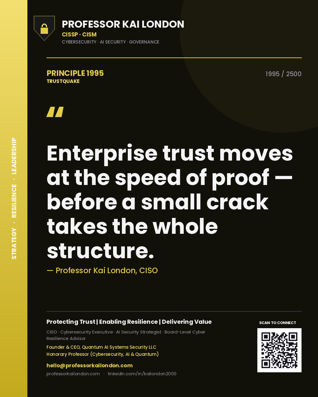 Quote card by Professor Kai London reading 'Enterprise trust moves at the speed of proof — before a small crack takes the whole structure.'. From the book Trustquake.