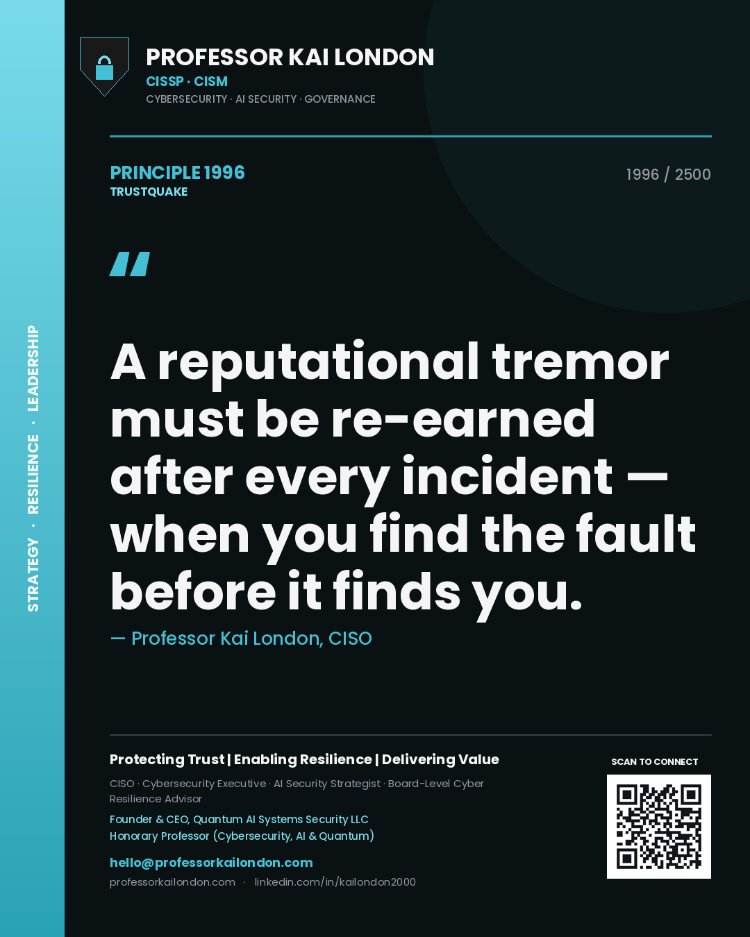 Quote card by Professor Kai London reading 'A reputational tremor must be re-earned after every incident — when you find the fault before it finds you.'. From the book Trustquake.