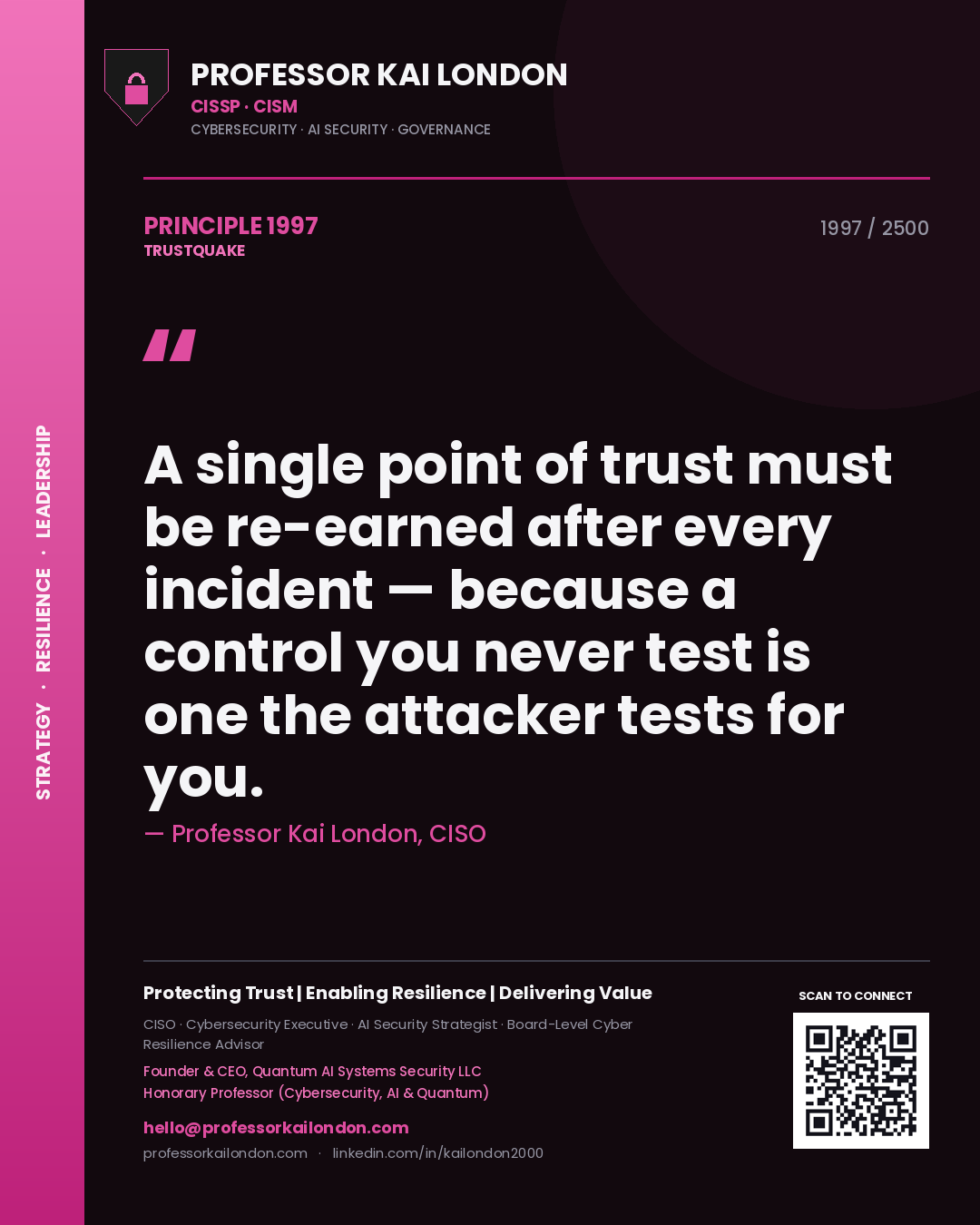 Quote card by Professor Kai London reading 'A single point of trust must be re-earned after every incident — because a control you never test is one the attacker tests for you.'. From the book Trustquake.