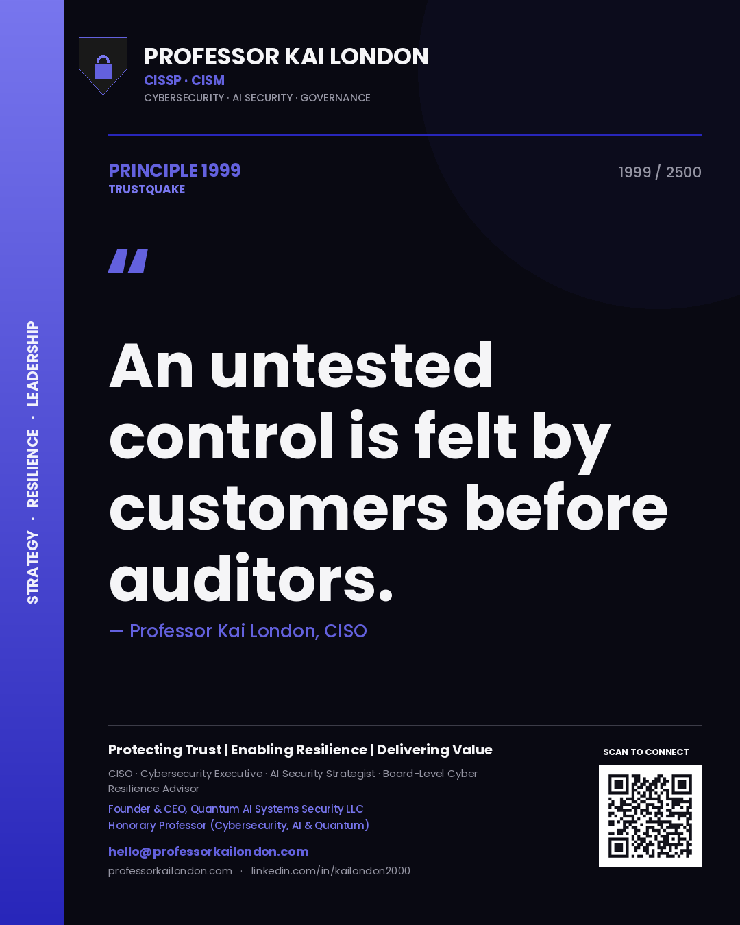 Quote card by Professor Kai London reading 'An untested control is felt by customers before auditors.'. From the book Trustquake.