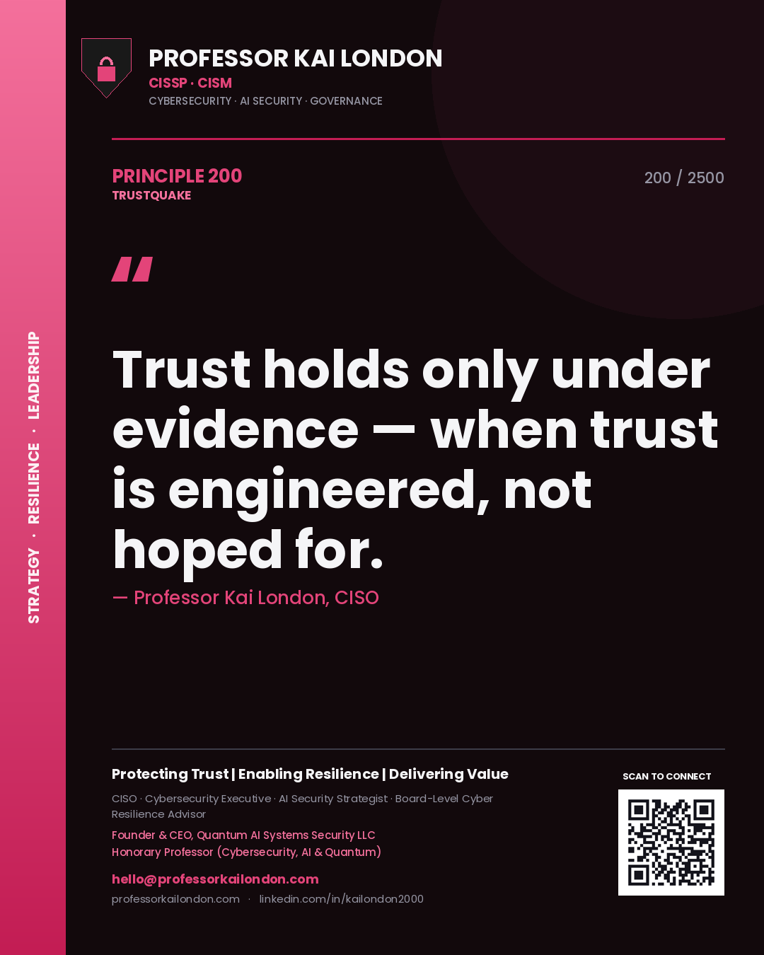 Quote card by Professor Kai London reading 'Trust holds only under evidence — when trust is engineered, not hoped for.'. From the book Trustquake.