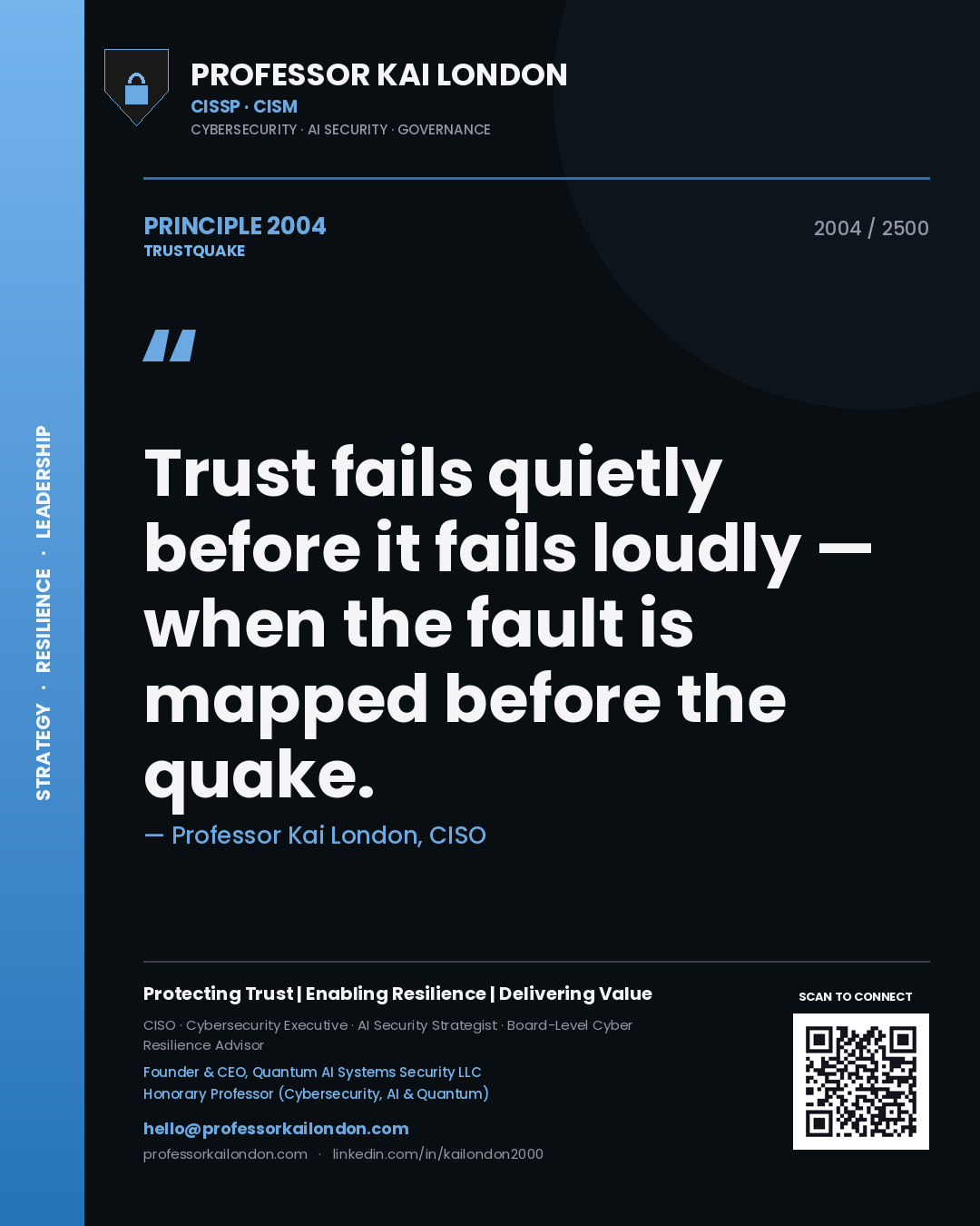 Quote card by Professor Kai London reading 'Trust fails quietly before it fails loudly — when the fault is mapped before the quake.'. From the book Trustquake.