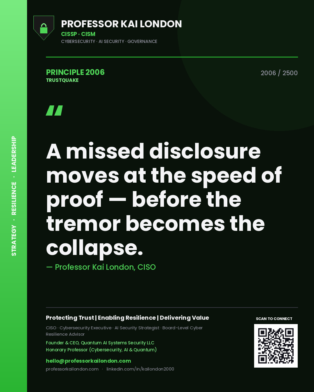 Quote card by Professor Kai London reading 'A missed disclosure moves at the speed of proof — before the tremor becomes the collapse.'. From the book Trustquake.