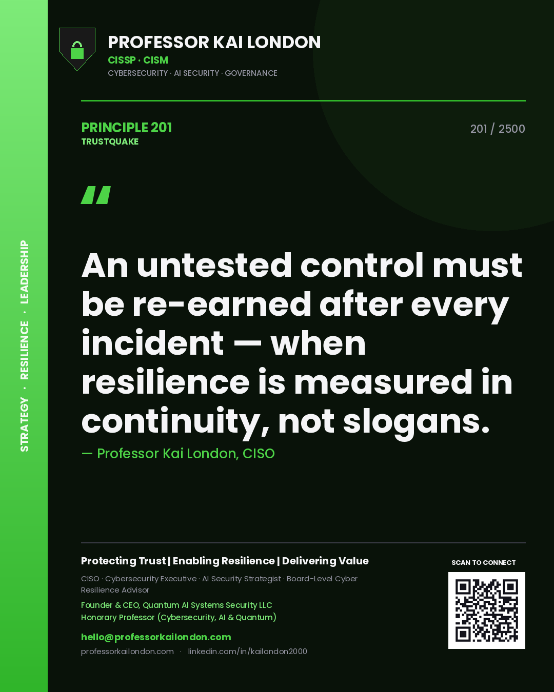 Quote card by Professor Kai London reading 'An untested control must be re-earned after every incident — when resilience is measured in continuity, not slogans.'. From the book Trustquake.