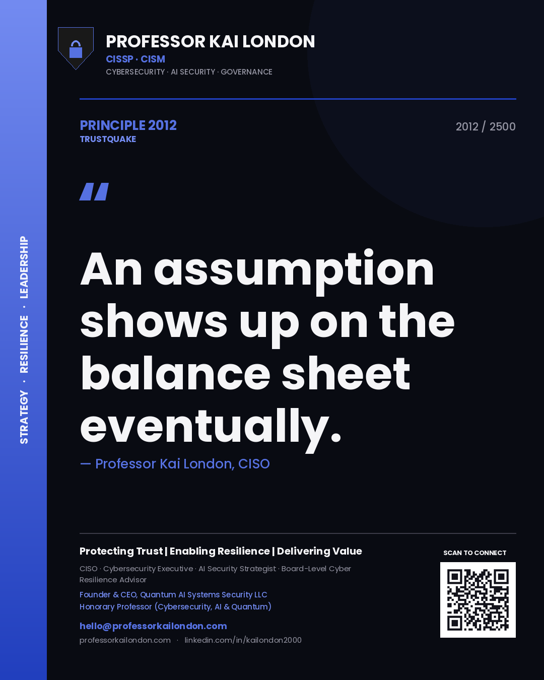 Quote card by Professor Kai London reading 'An assumption shows up on the balance sheet eventually.'. From the book Trustquake.