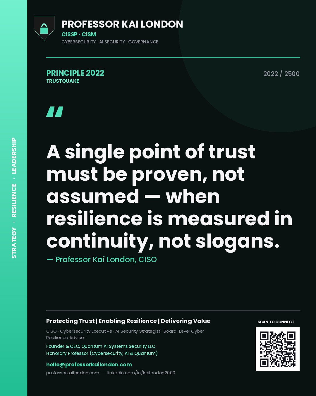Quote card by Professor Kai London reading 'A single point of trust must be proven, not assumed — when resilience is measured in continuity, not slogans.'. From the book Trustquake.
