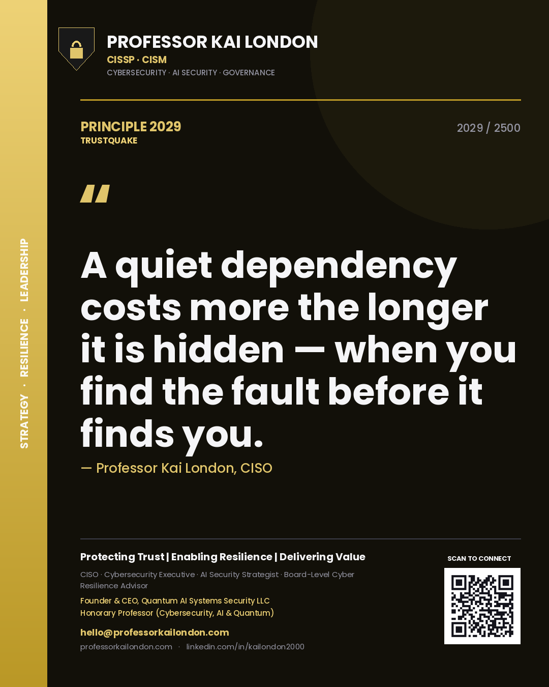 Quote card by Professor Kai London reading 'A quiet dependency costs more the longer it is hidden — when you find the fault before it finds you.'. From the book Trustquake.