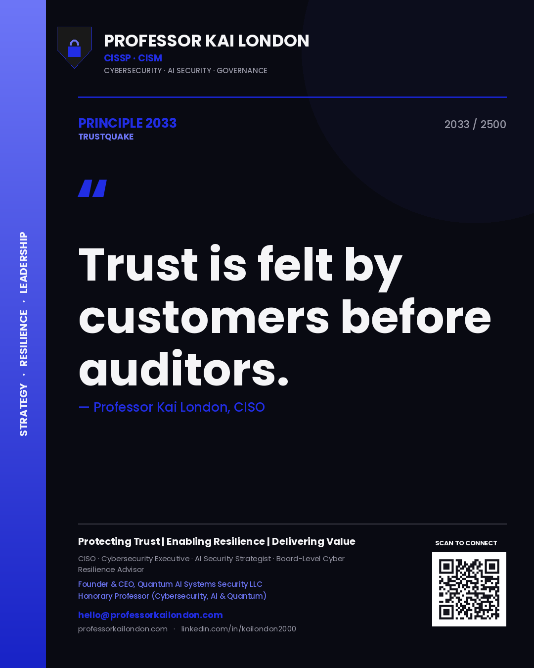 Quote card by Professor Kai London reading 'Trust is felt by customers before auditors.'. From the book Trustquake.
