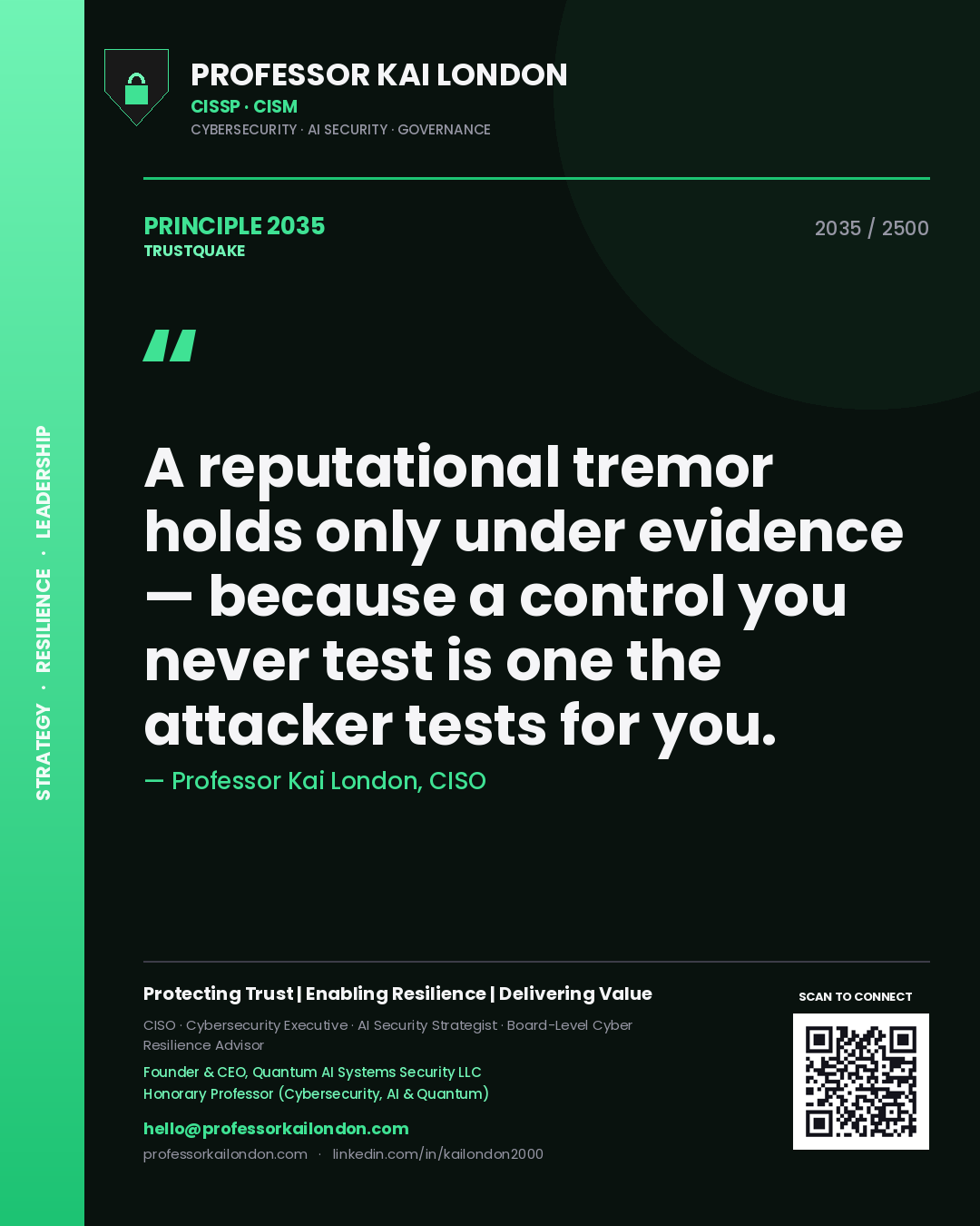 Quote card by Professor Kai London reading 'A reputational tremor holds only under evidence — because a control you never test is one the attacker tests for you.'. From the book Trustquake.