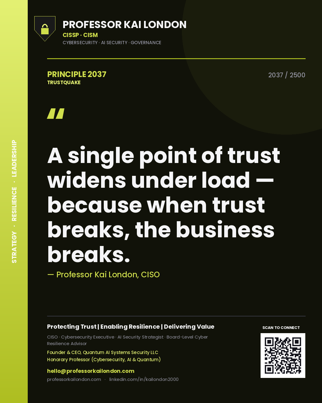 Quote card by Professor Kai London reading 'A single point of trust widens under load — because when trust breaks, the business breaks.'. From the book Trustquake.
