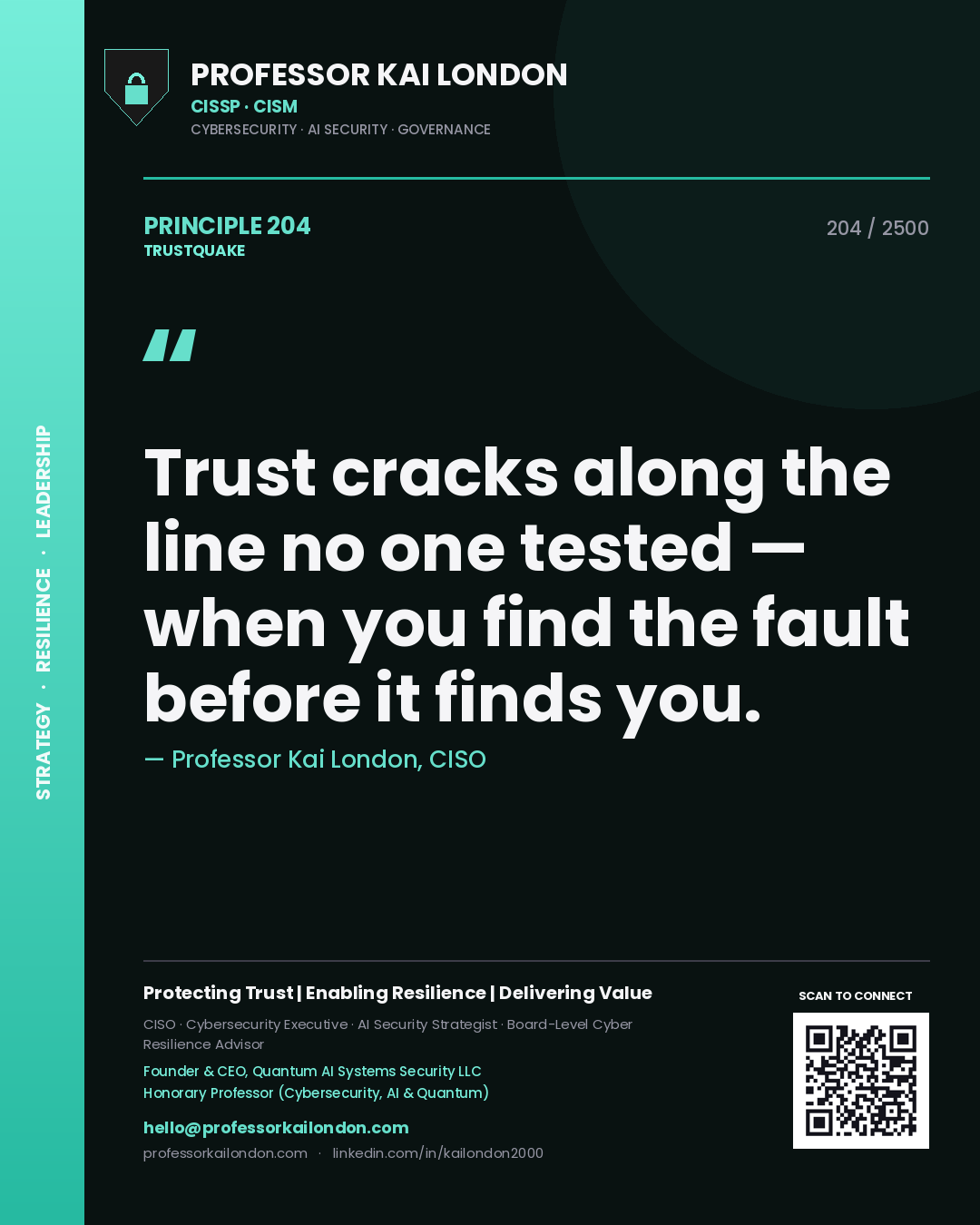 Quote card by Professor Kai London reading 'Trust cracks along the line no one tested — when you find the fault before it finds you.'. From the book Trustquake.