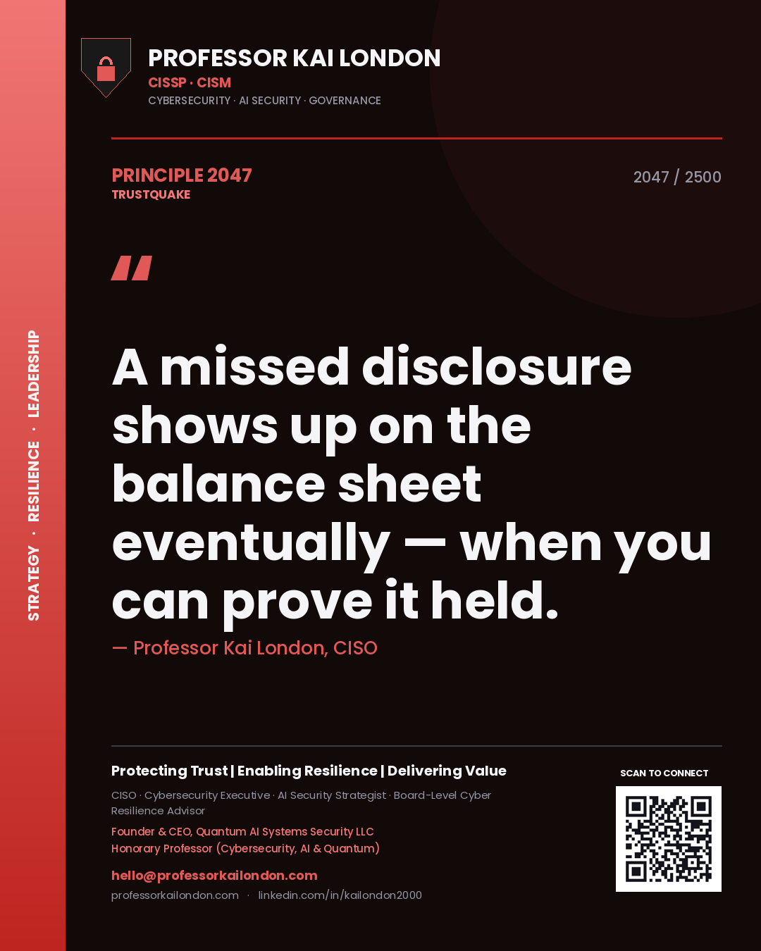 Quote card by Professor Kai London reading 'A missed disclosure shows up on the balance sheet eventually — when you can prove it held.'. From the book Trustquake.