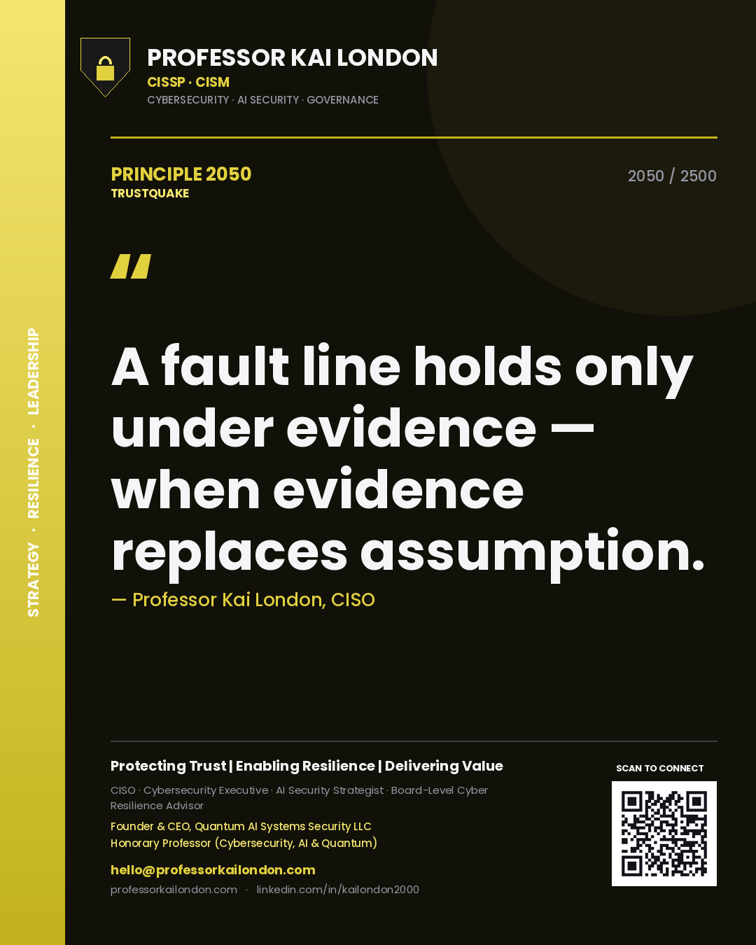 Quote card by Professor Kai London reading 'A fault line holds only under evidence — when evidence replaces assumption.'. From the book Trustquake.